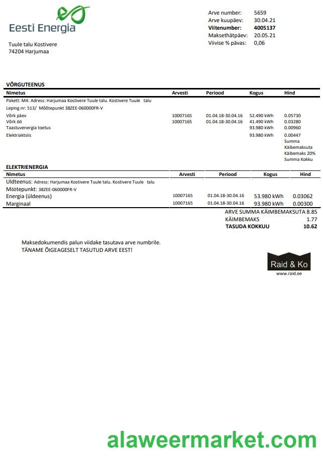 Estonia Eesti Energia electricity utility bill template in Word and PDF format